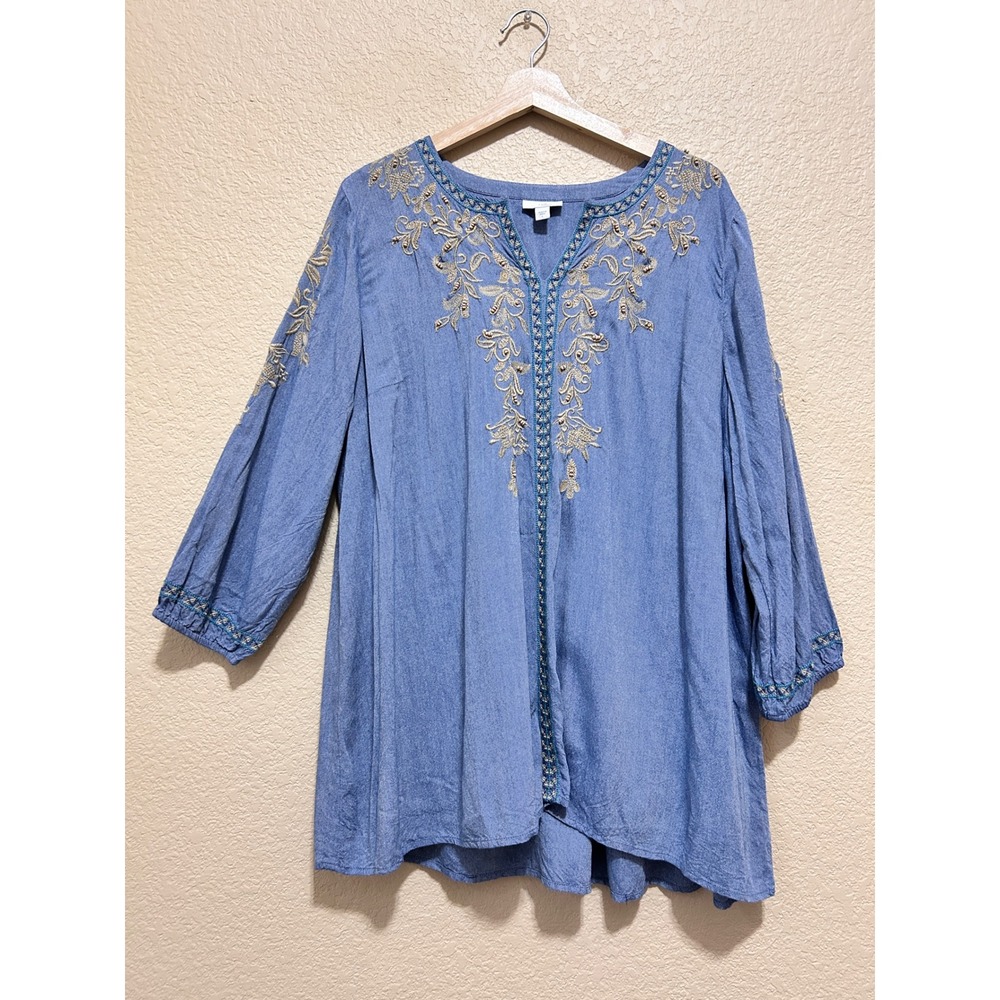 J. Jill Large Embroidered Chambray Tunic Blue Boho Peasant Top Floral 3/4 Sleeve